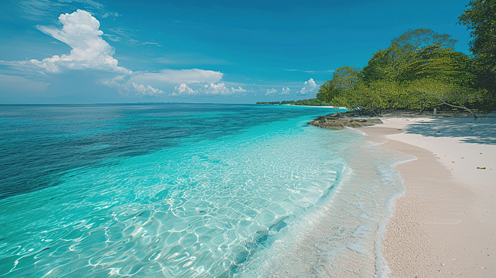 White sand beach with shallow turquoise water, green coastal trees, and scattered clouds in a blue sky